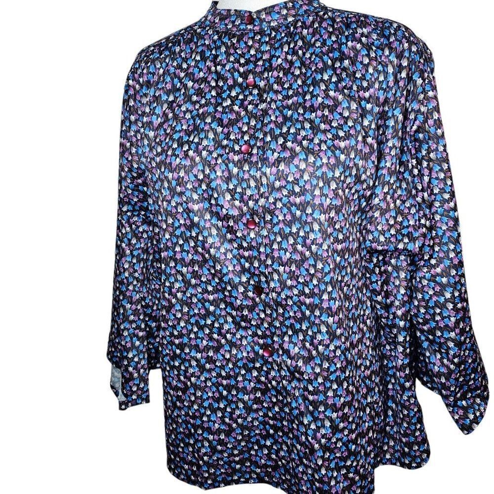 Vintage 70s Shirt Blouse Womens 2XL Blue Tulip Flowers Long Sleeve Polyester